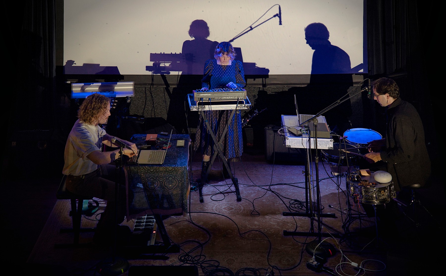 The three musicians of rice performing on stage at Icehouse